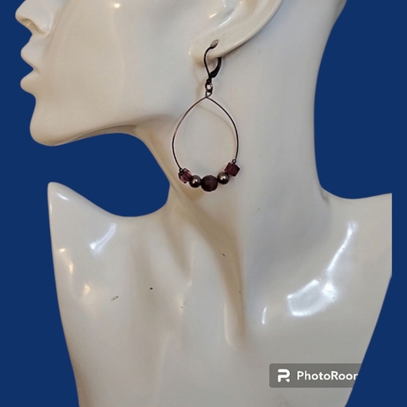 3/$30 HANDMADE Purple Beaded Gunmetal Hoop Leverback Earrings - Picture 1 of 5